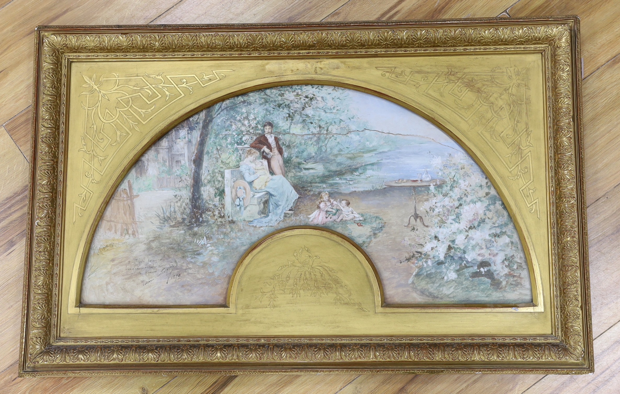 Helena Mostingles (19th C.), watercolour, 'Family group under trees', signed and dated 1890, fan shaped, 34 x 67cm (a.f.)